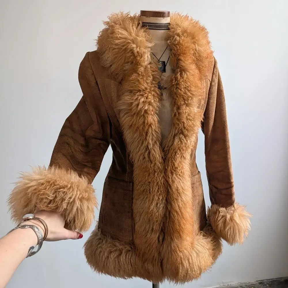 Vintage Rusty Orange Suede Penny Lane Jacket Leather Trench Coat Fur Coat Small - Picture 1 of 10